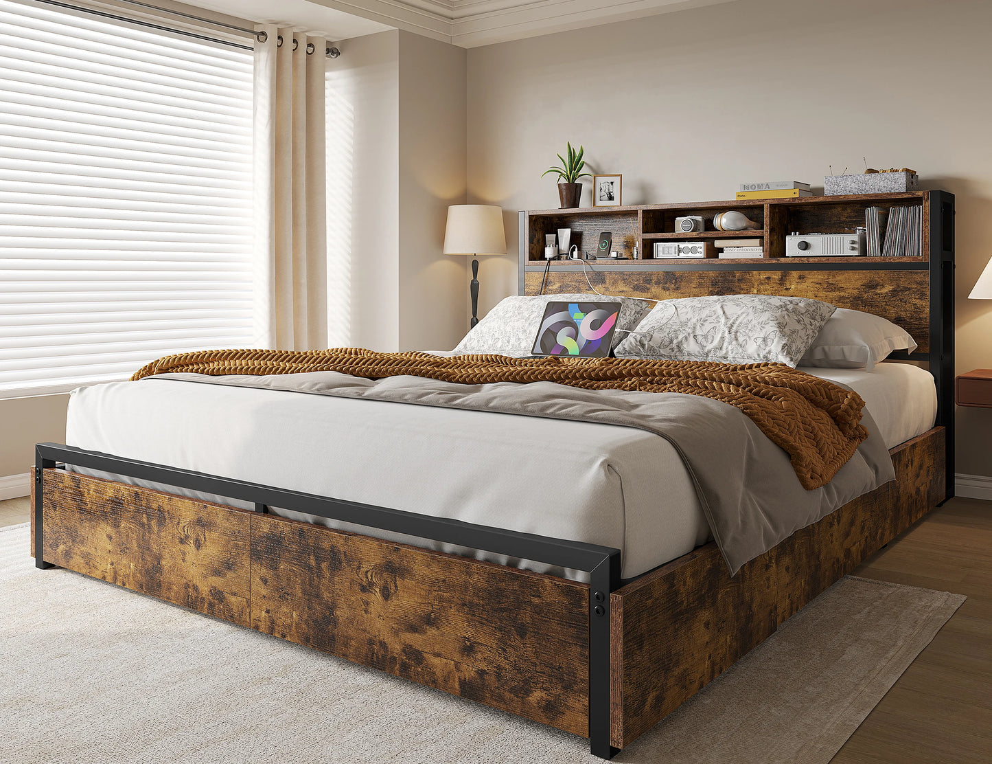 EnHomee - Base de Cama Matrimonial/Queen/King con 6 Cajones de Almacenamiento y Estación de Carga, Base de Cama de Plataforma Metálica con Cabecera con Librero, Sin Ruido