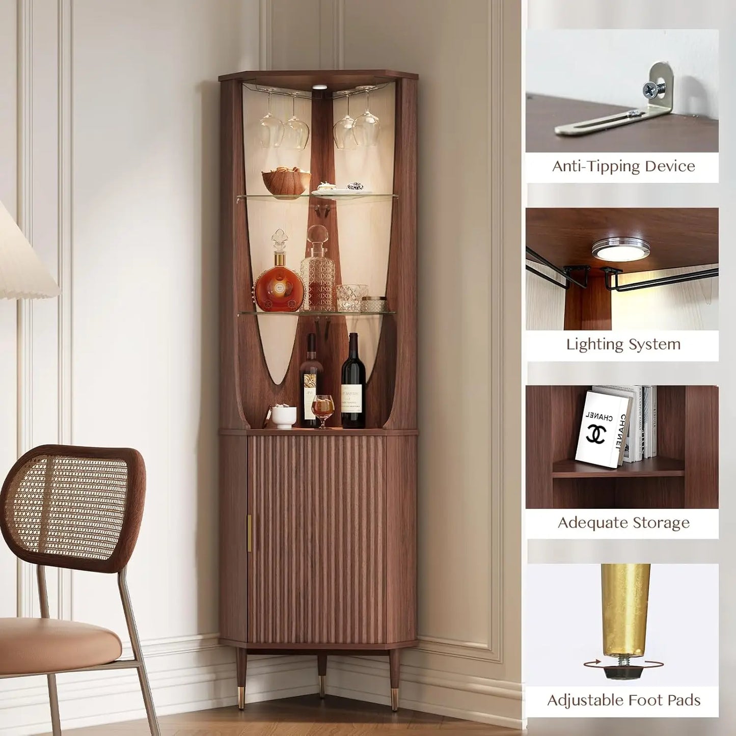 Mueble Bar Esquinero de 70 Pulgadas de Alto, Estilo Moderno de Mediados de Siglo, con Estantes de Vidrio, Puerta e Iluminación LED, Personalizable