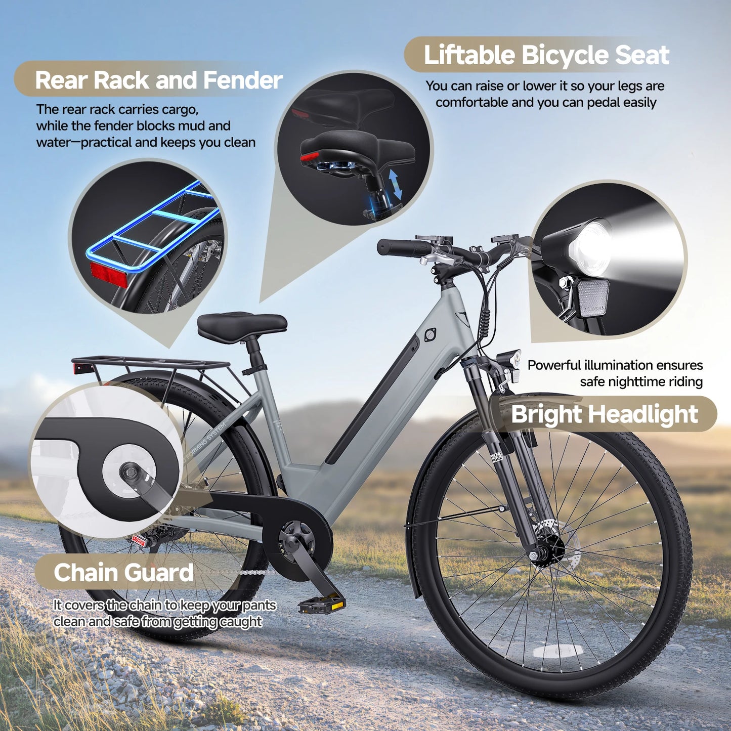 Bicicleta eléctrica para adultos, bicicleta de compras de 26", 7 velocidades, diseñada para viajeros, estudiantes y parejas, disfruta de paseos de ocio