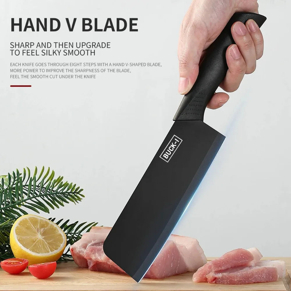 Juego de cuchillos de cocina con soporte para cuchillos, juego de cuchillos de acero negro de alta calidad, cuchillo de regalo, utensilios de cocina de acero inoxidable para el hogar, 6 uds.