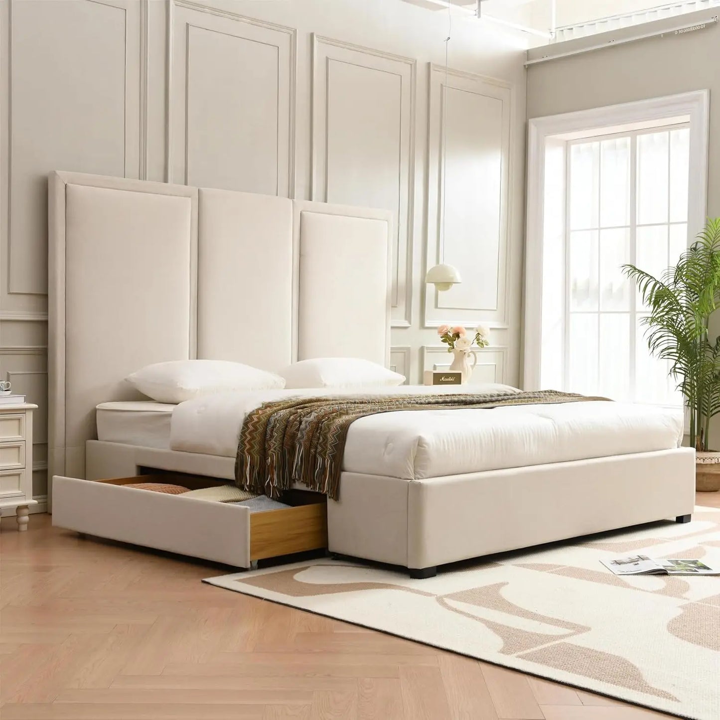Estructura de cama tamaño King con cabecero alto de 64 pulgadas, cama con plataforma tapizada de lino simple y aireada con cajones de almacenamiento, listones de madera,