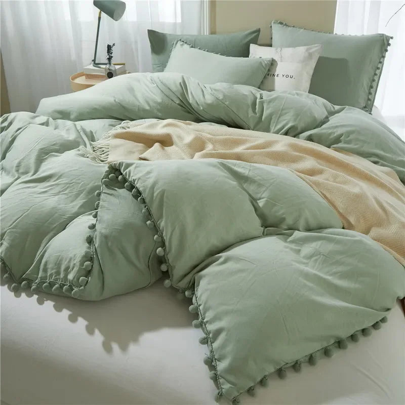 Funda de edredón suave y lavada, Juego de 3 piezas, funda de almohada, juego de ropa de cama para Twin, Full, Queen, King Size, decoración de pompones