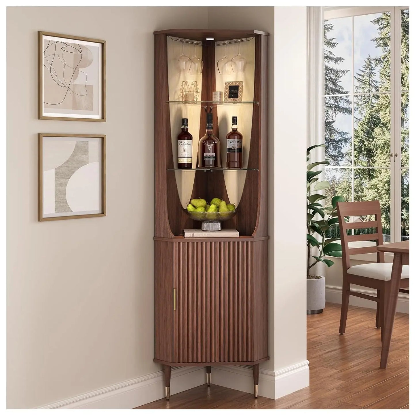 Mueble Bar Esquinero de 70 Pulgadas de Alto, Estilo Moderno de Mediados de Siglo, con Estantes de Vidrio, Puerta e Iluminación LED, Personalizable