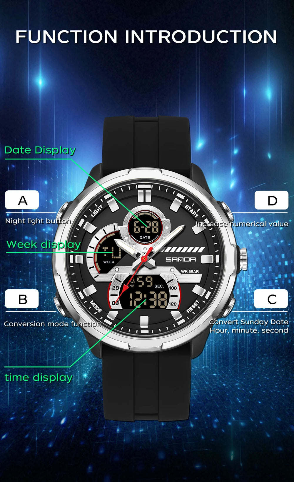 Reloj electrónico de cuarzo SNADA para hombre con pantalla Dual deportivo multifuncional LED resistente al agua reloj electrónico de cuarzo para hombre 9077