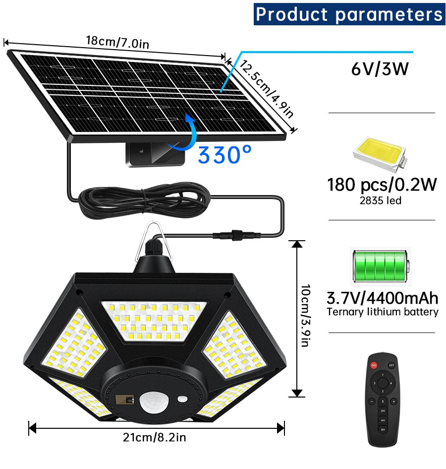 Luz Solar para cobertizo, lámpara colgante para interior y exterior, 180 LED, 1000LM, con Control remoto, para Granero, Gazebo, garaje