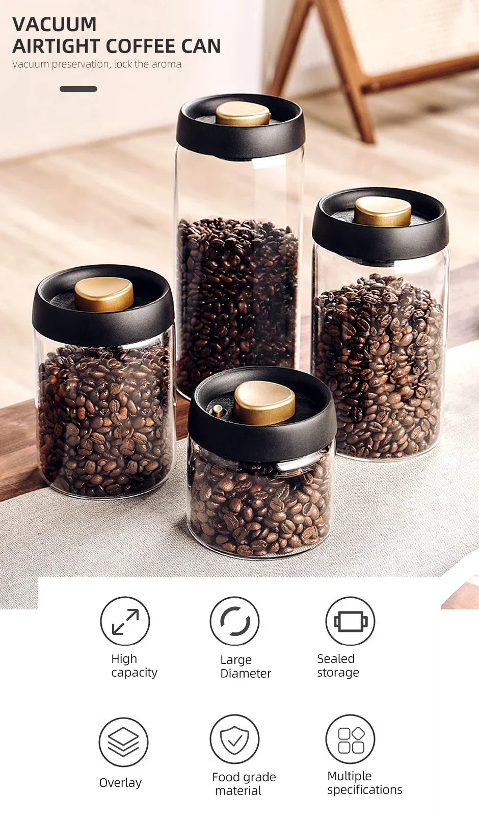 Frasco de Vidrio Hermético al Vacío para Almacenamiento de Granos de Café, Alimentos, Té, Frasco de Almacenamiento de Alimentos Frescos, Accesorios de Cocina