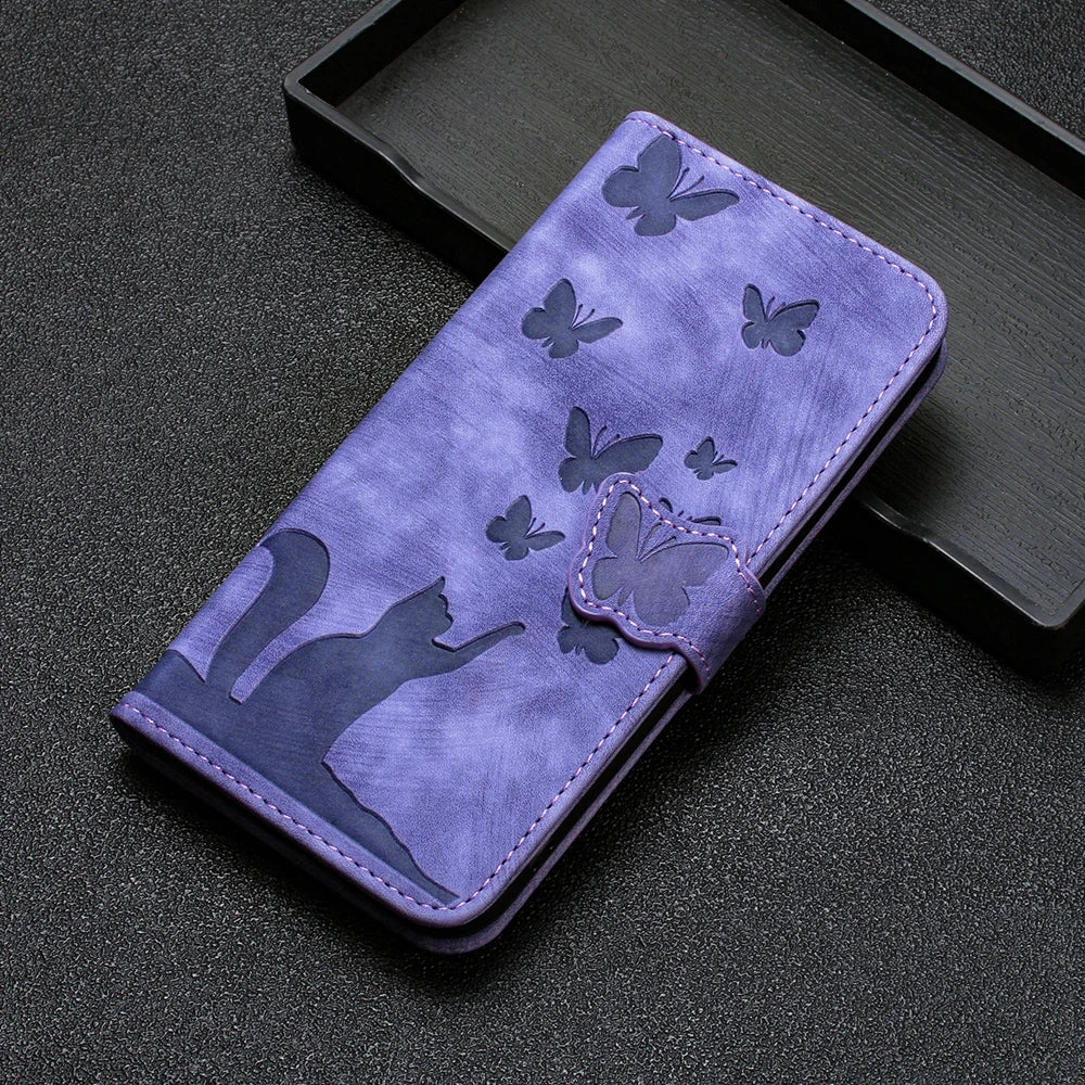 Funda tipo cartera de cuero con diseño de gato y mariposa para iPhone 17, 15, 16, 14, 13, 12, 11 Pro Max, iPhone 15 Plus