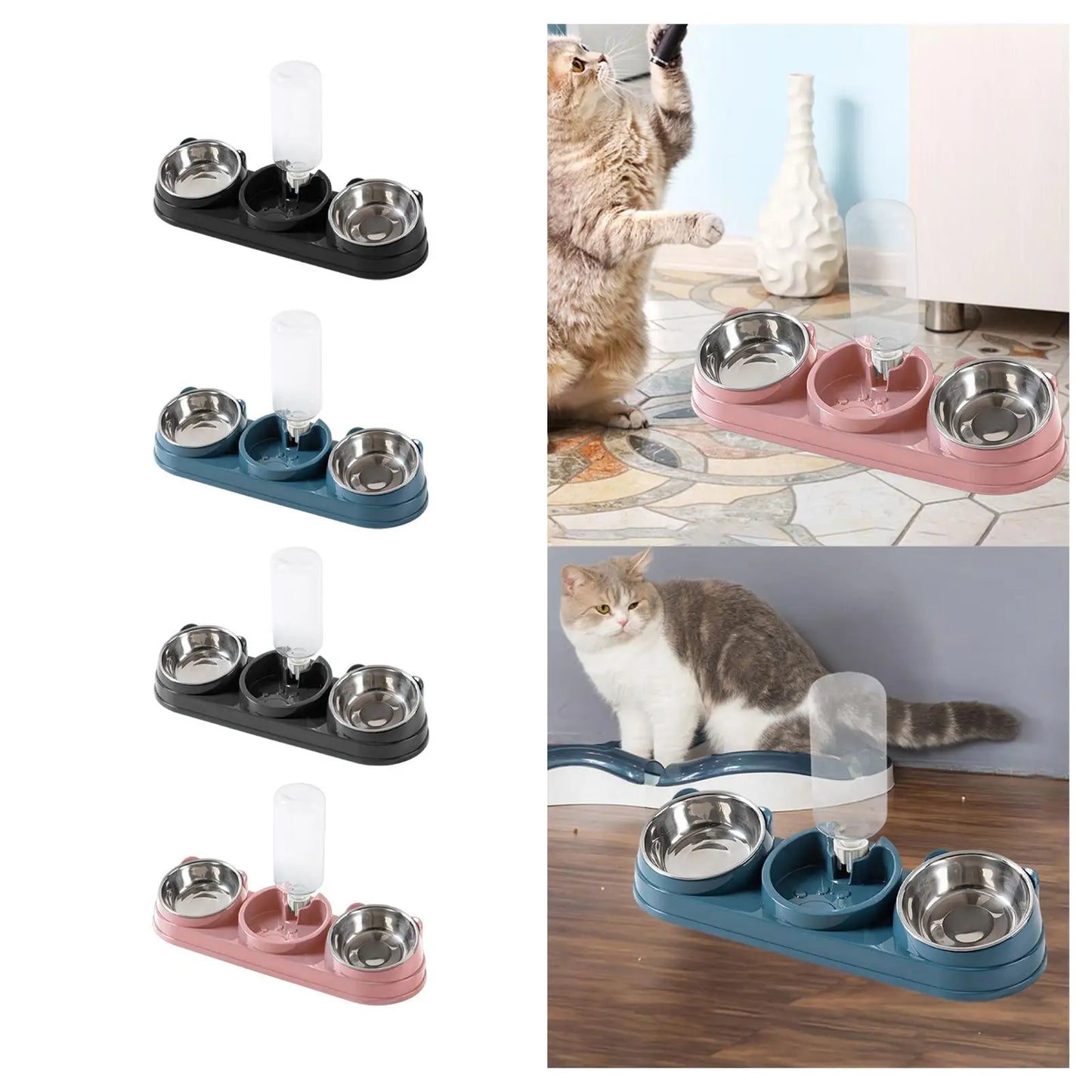 Cuenco triple para gatos, cuenco para comida y agua para mascotas, inclinado a 15 ° , 3 en 1, para húmedo y