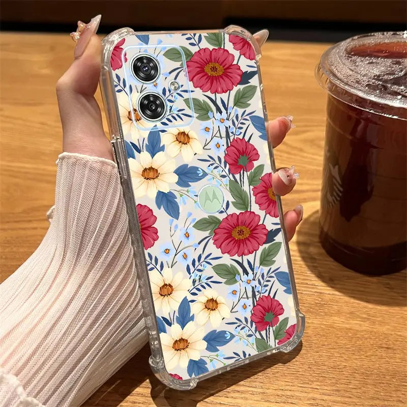 Funda de teléfono transparente G54 flores y hierba para Motorola Moto G54 G53 G52 G72 G82 G13 G73 G32 G84 G14 G42 G24Power G30 G9