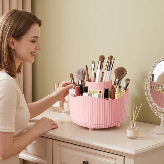 360 °   Caja de almacenamiento giratoria para maquillaje, organizador de maquillaje de escritorio, soporte para brochas cosméticas, soporte para lápiz de cejas y labios, contenedor de joyas