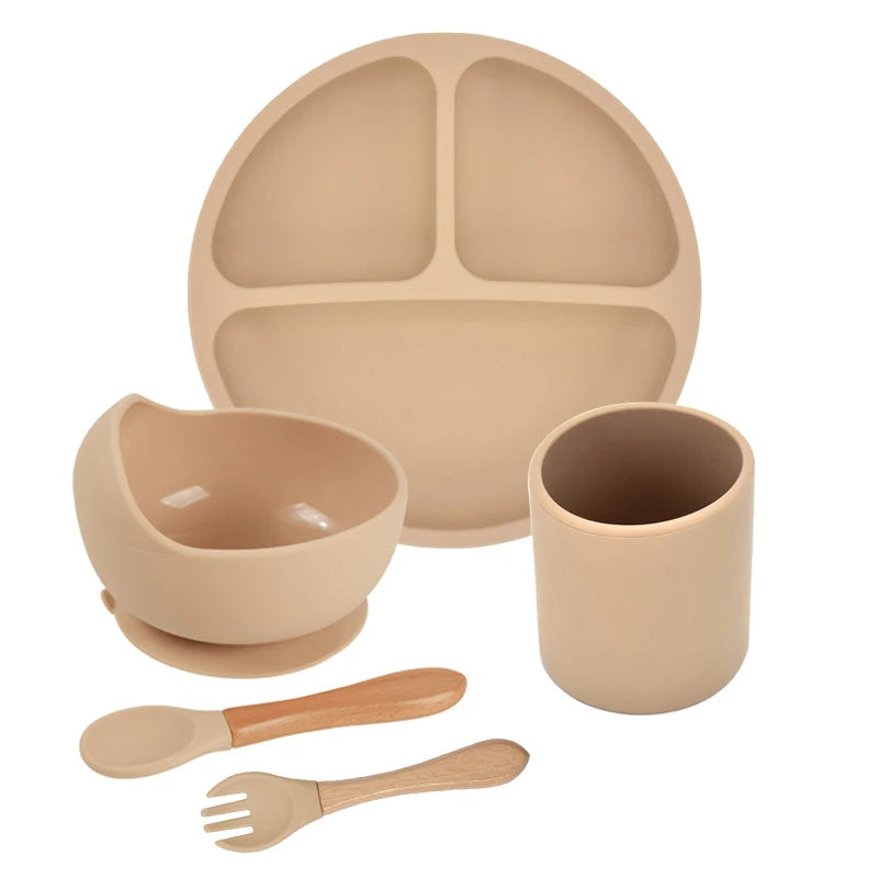 Juego de alimentación de silicona para bebé, cuenco de silicona, plato de comedor, cuchara, tenedor, platos para niños, vajilla de silicona sin BPA, 3/4/5 Uds.