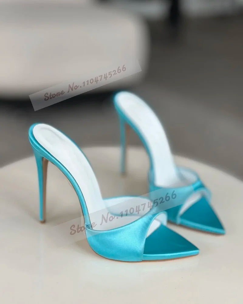 Cielo Azul Satén Tacón Alto Mules Rosa Borgoña Punta Puntiaguda Zapatillas Modernas Slip-On Vestido Elegante Sandalias Zapatos de Banquete Poco Profundos