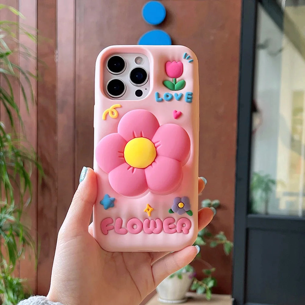 Lindo soporte floral 3D funda de silicona suave soporte de flores cubierta para iPhone 16 15 14 13 12 11 Pro Max 7 8 Plus X XS Max XR