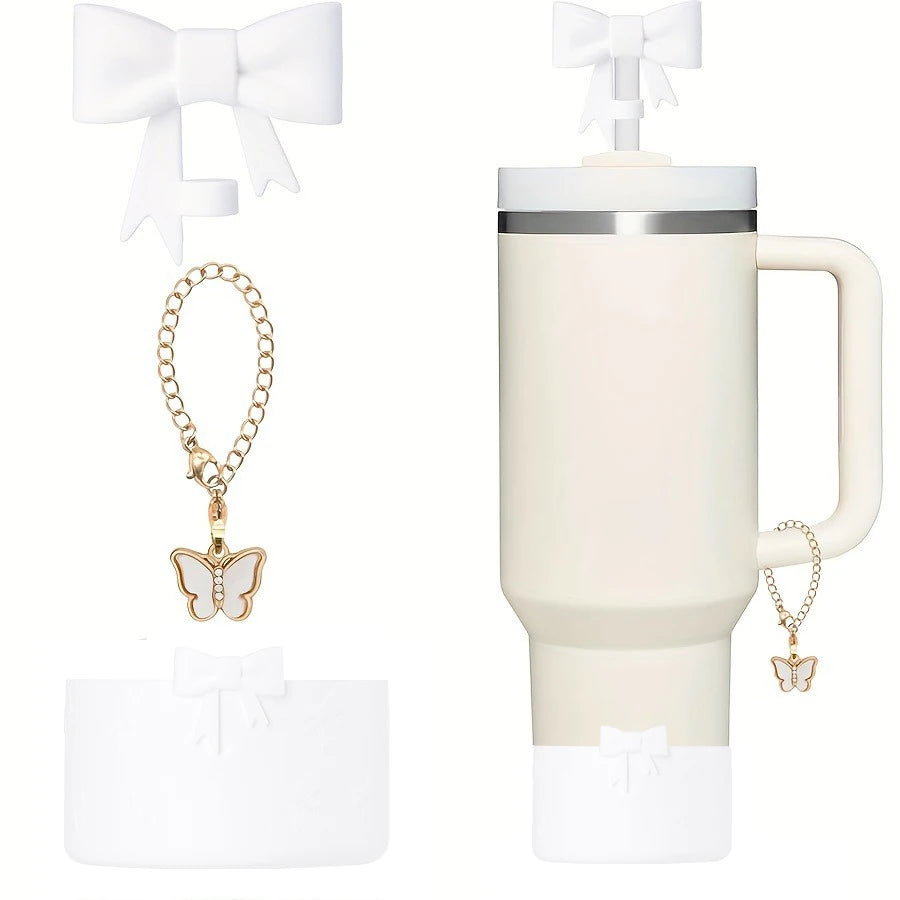 Juego de 3 Cubiertas de Silicona para Vasos con Diseño de Lazo y Cadena de Mariposa Rosa, Accesorios para Vasos de 30/40 oz ﻿
