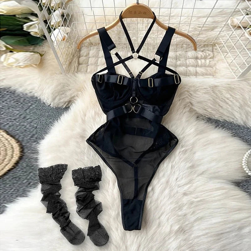 Ropa de dormir para fiesta de San Valentín, Catsuits combinados, peleles de tiras de malla eróticos íntimos ajustados, monos de mujer, lencería, conjuntos sexys