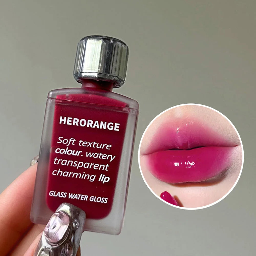 Brillo de agua de vidrio ligeramente, esmalte de labios Herorange, espejo hidratante, labios regordetes, no es fácil de pegar en la taza, maquillaje de larga duración