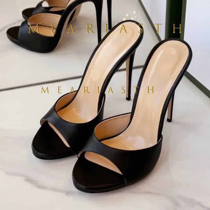 Mulas de cuero de Color caramelo para mujer, zapatos de tacón alto fino con punta abierta y punta abierta, zapatillas modernas sexis para fiesta para primavera y verano