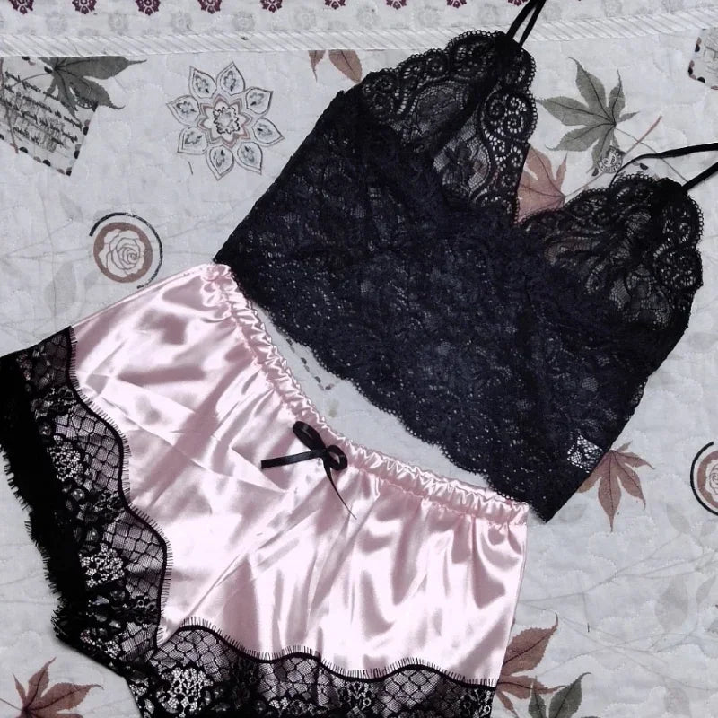 Conjunto de pijamas de 2 piezas para mujer, ropa de dormir, lencería sexy, tops cortos de seda de encaje y pantalones cortos, conjuntos de pijamas informales