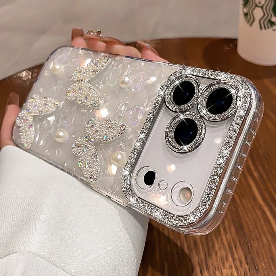 Funda de teléfono con purpurina y diamantes para iPhone 17 Air 11 12 13 16 Pro Max 15 14 16 Plus 17Pro Max, funda protectora de mariposa bonita