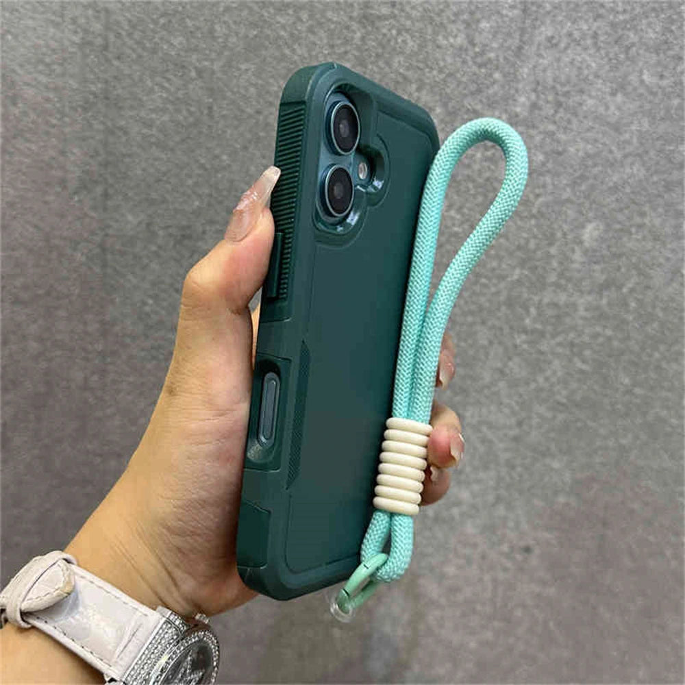 Armadura de parachoques híbrida de lujo, pulsera, correa para muñeca, cordón, funda de teléfono para iPhone 17 16 11 12 13 14 15 Pro Max XR, funda a prueba de golpes