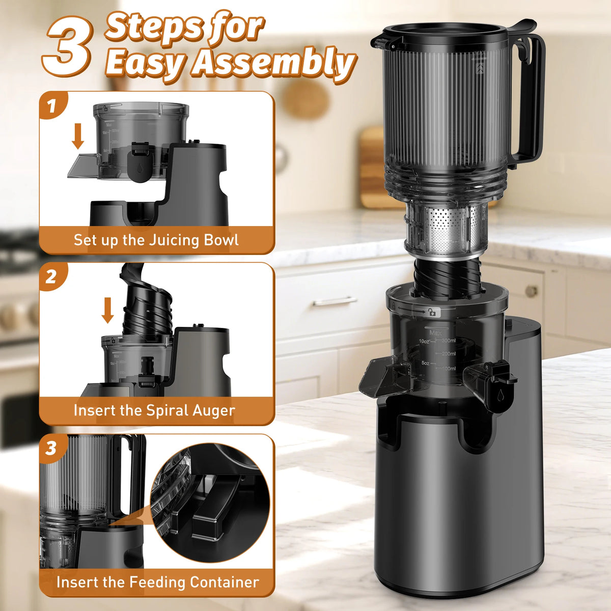 Extractor de Jugos Tolife de Presión en Frío y Masticación Lenta, con Boca Ancha, Vaso de 1000 ml, Silencioso y Fácil de Limpiar, para Frutas y Verduras