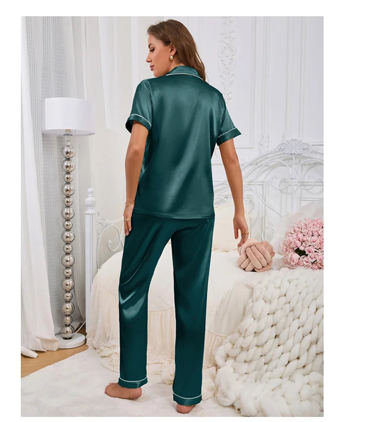 Conjunto de pijama para mujer, ropa para el hogar, camisa de manga corta de satén con pantalones, ropa de dormir, conjunto de 2 piezas, pijama bordado en forma de corazón
