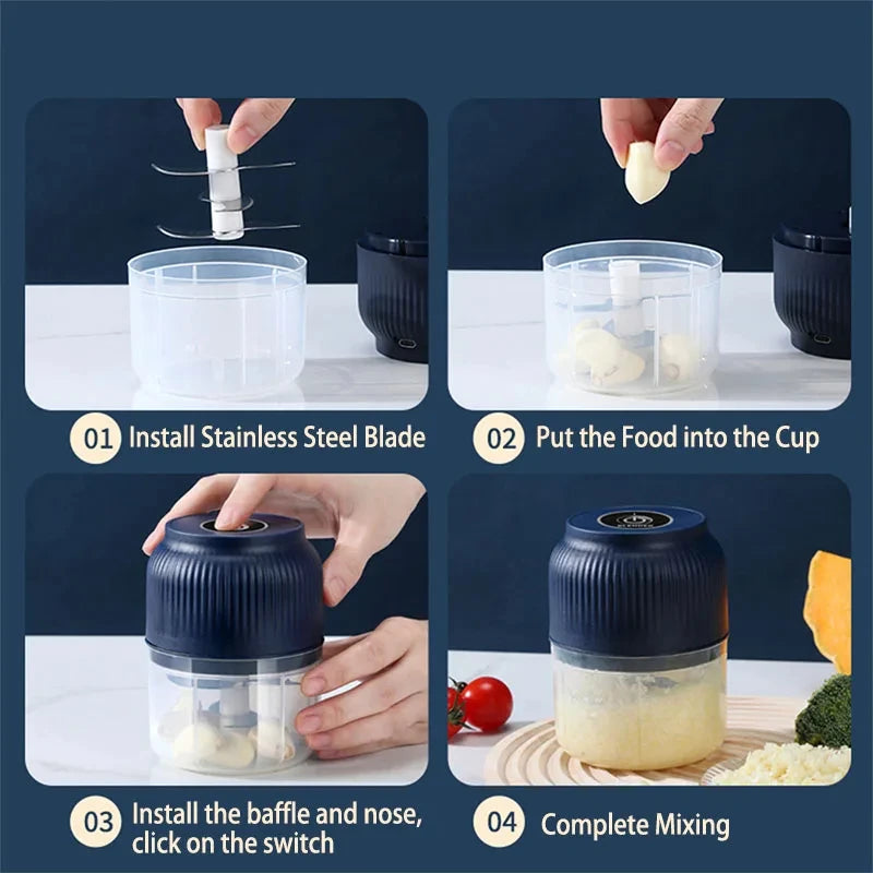 Picadora de Verduras Eléctrica Inalámbrica Recargable por USB de 250 ml, Picadora de Ajo, Picadora de Alimentos para Cocina, Utensilios para Picar Ajo