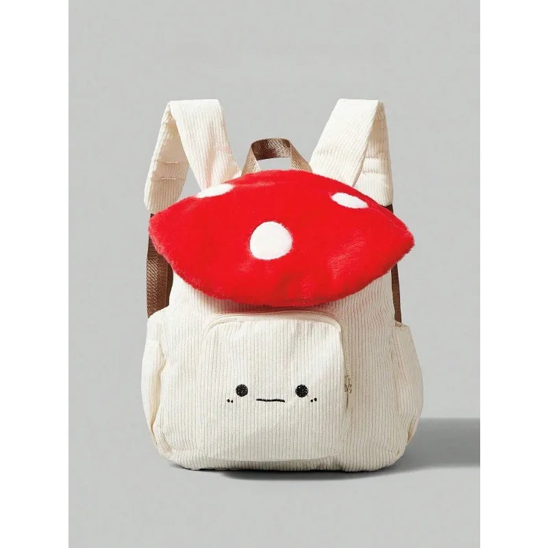 Mochila de Pana Linda y Moderna con Diseño de Hongos y Puntos Bordados, Diseño Color Block, Ideal para el Campus