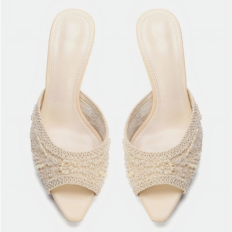 Aligaia 2026 Elegantes Sandalias de Tacón Alto para Mujer, con Cuentas, Punta Abierta, Casuales, de Diseñador, para Verano