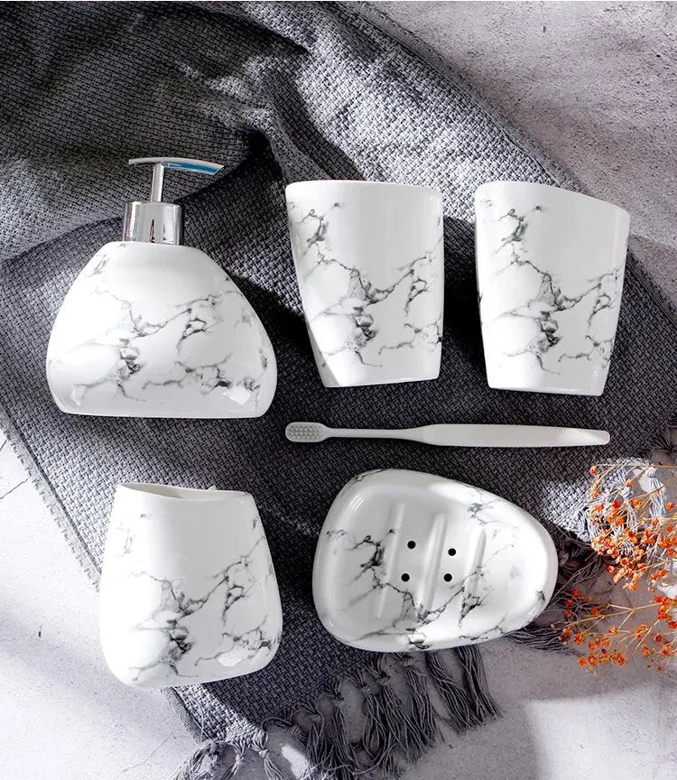6 unids/set de cerámica de imitación de mármol, juego de accesorios de baño, dispensador de jabón/soporte para cepillo de dientes/vaso/productos jabonera