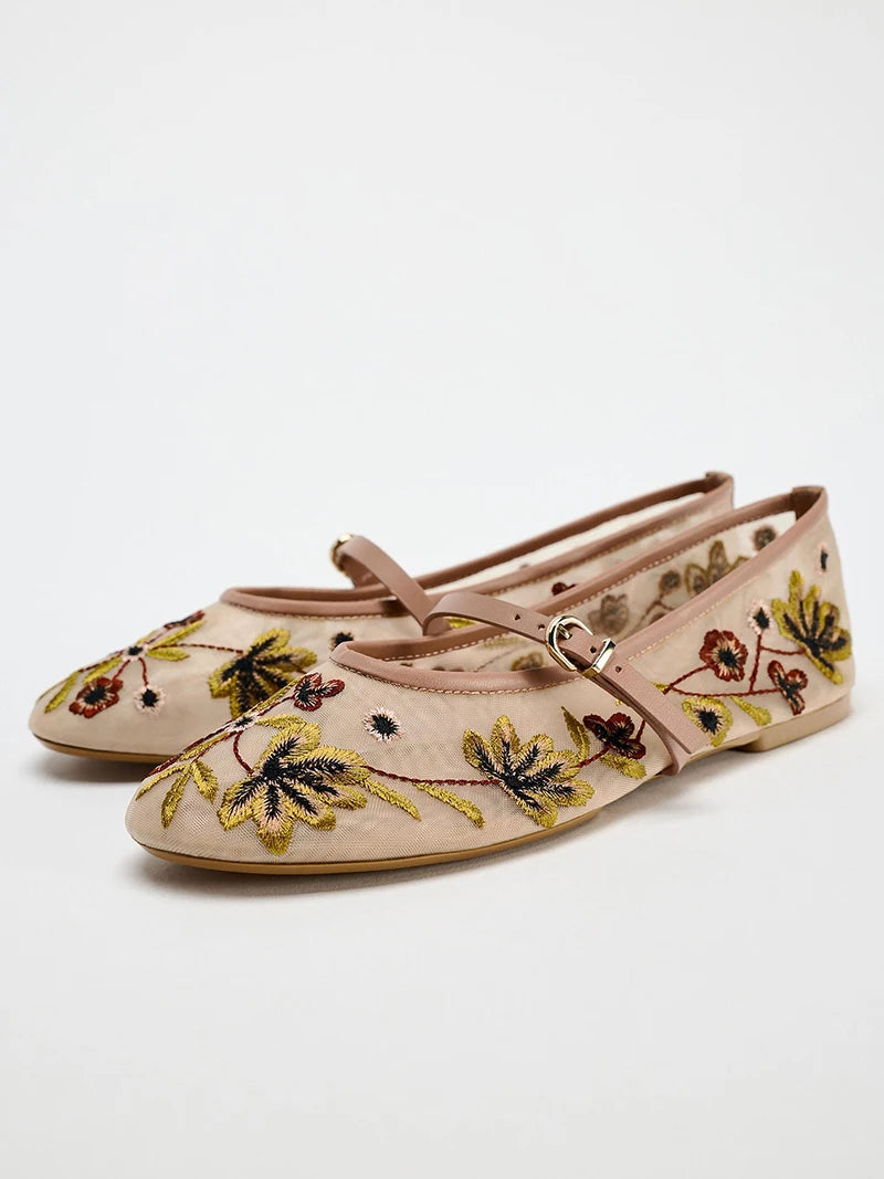 2026 zapatos Mary Jane bordados de primavera para mujer, zapatos de suela blanda transpirables para exteriores, zapatos planos de Ballet cómodos sin cordones para mujer