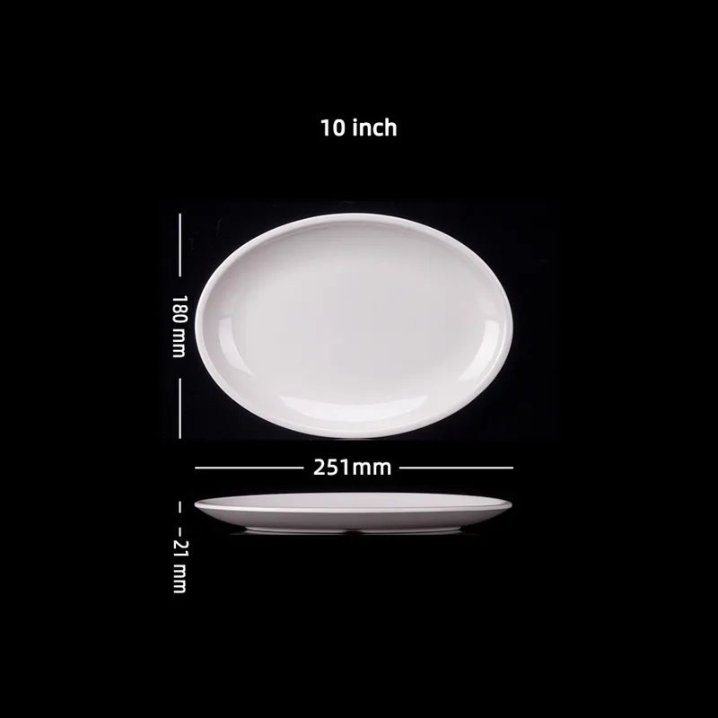 Platos ovalados de melamina blanca de 9-14 pulgadas, juego de cena, plato de porcelana de imitación, bandejas planas para carne, servicio de mesa de cocina y Hotel duradero
