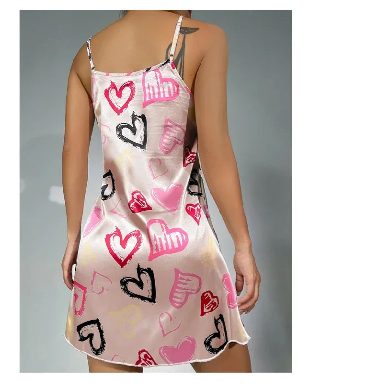 Camisón Sexy con tirantes para mujer, lencería Sexy de satén de seda, ropa de dormir con pintura Floral, minivestido para el hogar