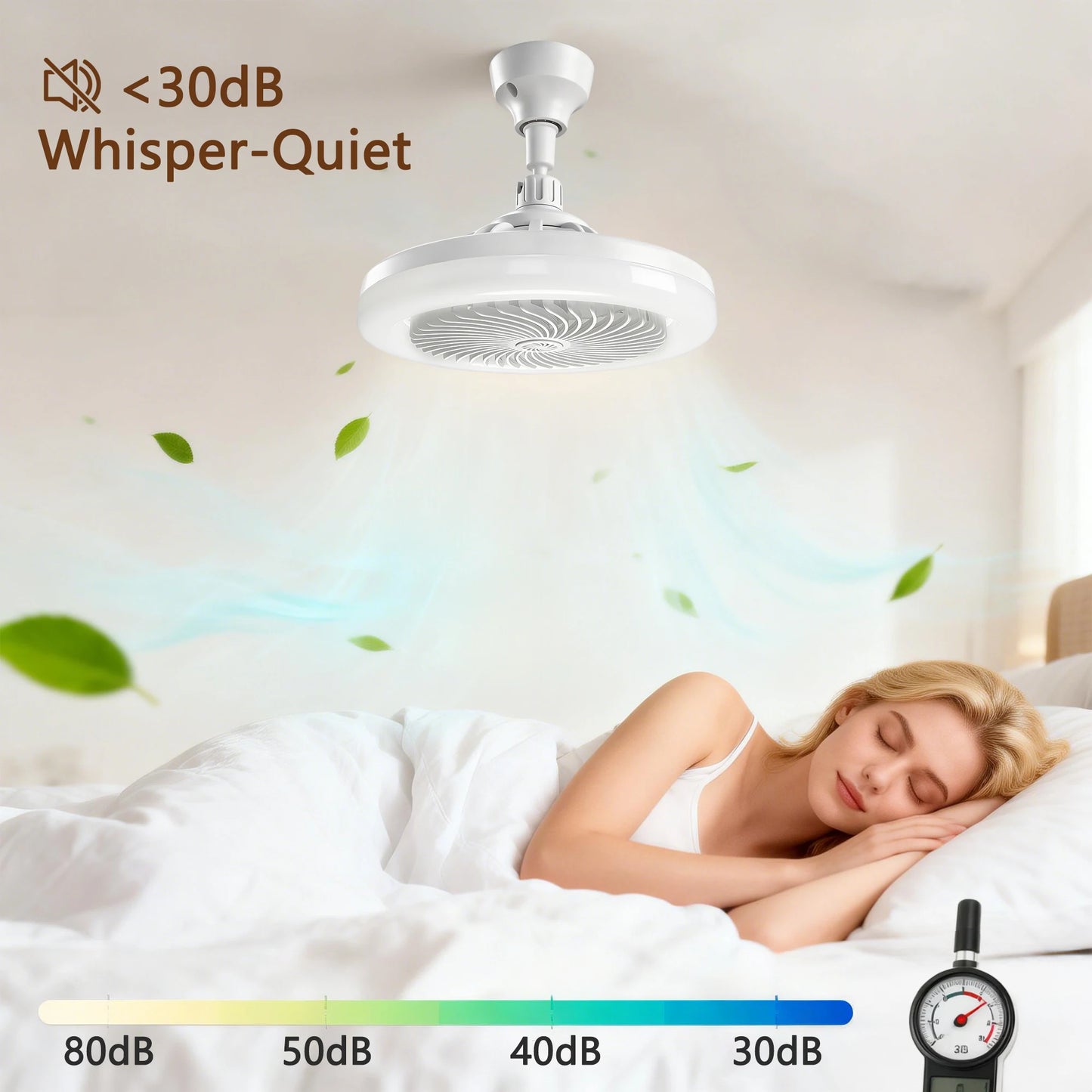Ventilador de techo LED 2 en 1 de 50W con soporte para lámpara, control remoto, 3 velocidades, luz ajustable y regulable para dormitorio y sala de estar