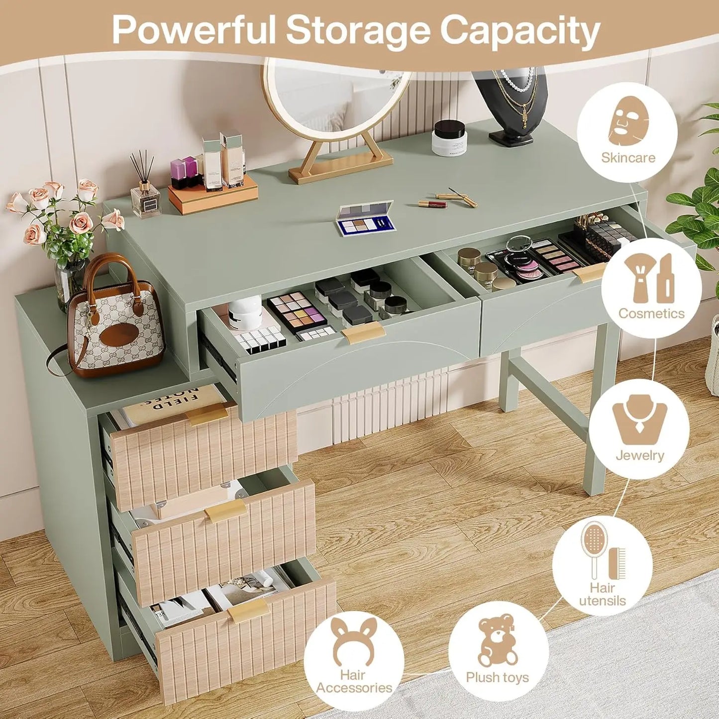 Makeup Vanity Desk with 5 Drawers, Modern Small Dressing Desk with Storage, Wood Make Up Table for Bedroom, Narrow, Customized