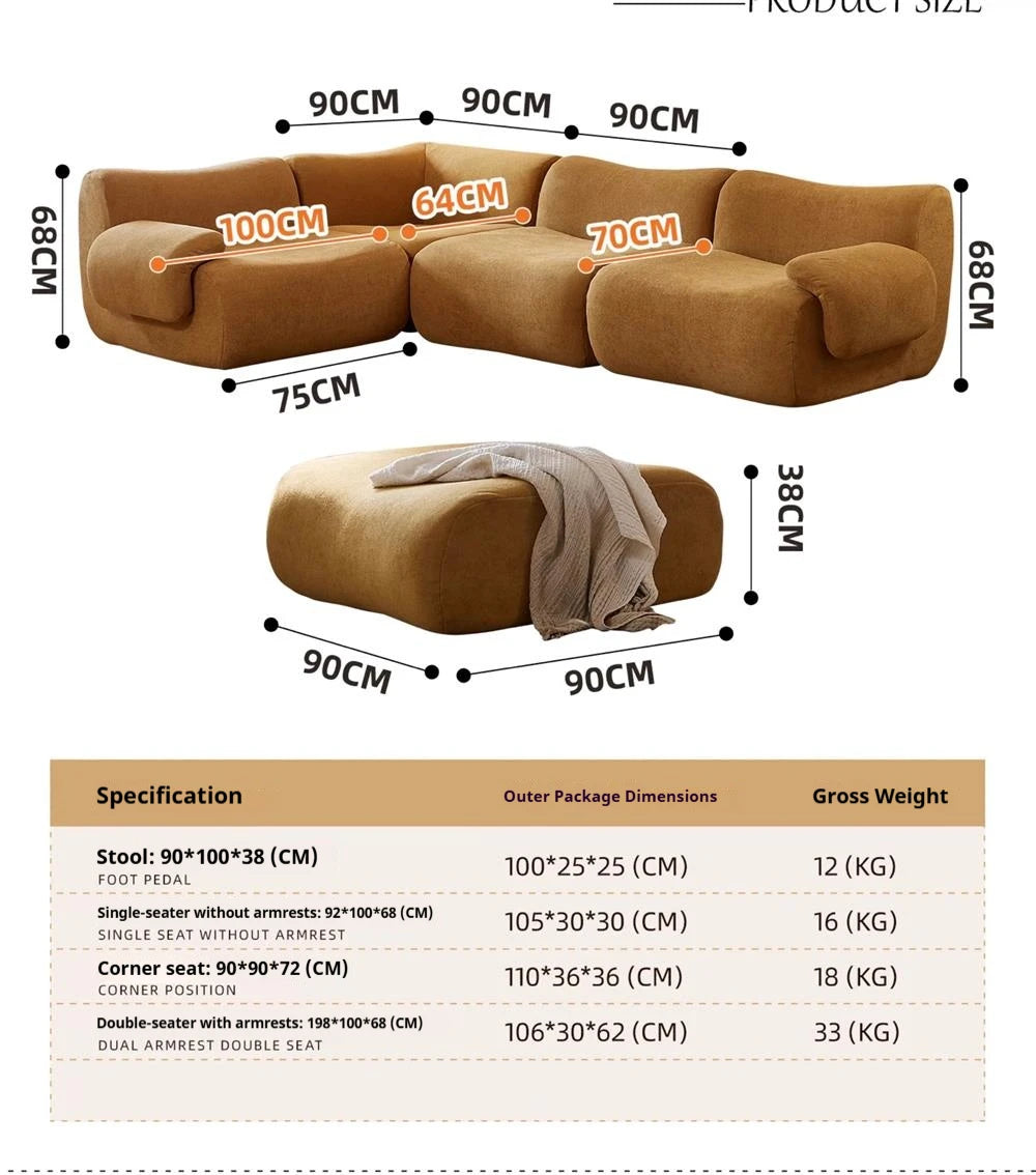 Sofá modular comprimido al vacío, seccional de tela Wabi-Sabi Sherpa con espuma muy elástica, estilo crema de mediados de siglo, ahorro de espacio