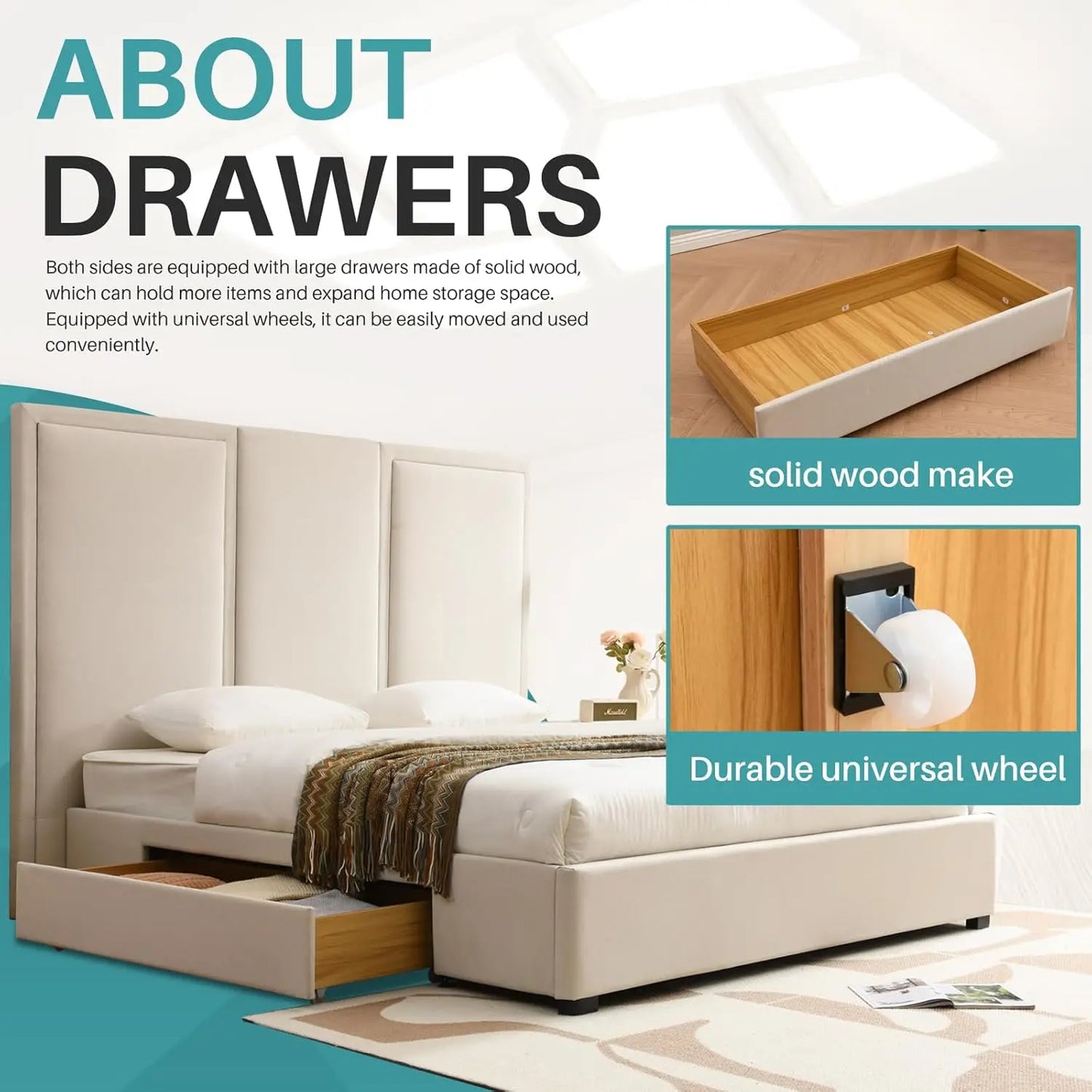 Estructura de cama tamaño King con cabecero alto de 64 pulgadas, cama con plataforma tapizada de lino simple y aireada con cajones de almacenamiento, listones de madera,