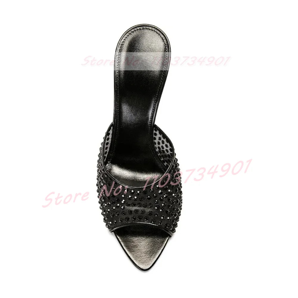 Zapatillas de malla con cristales y punta puntiaguda para exteriores, zapatillas informales a la moda con tacón sin cordones para mujer, zapatillas elegantes de lujo para fiesta