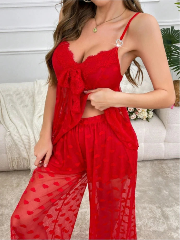 Conjunto de pijama Sexy para mujer, sujetador de tiras transparente con corazón de encaje de 2 piezas y pantalones largos, conjunto de lencería de encaje de pétalos, ropa de dormir Sexy
