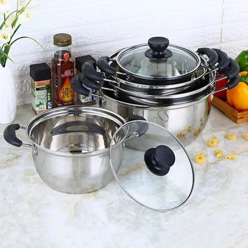 Olla de cocina multifuncional, olla de sopa de acero inoxidable, mango antiescaldado engrosado, olla para cocinar al vapor, tapa de vidrio templado