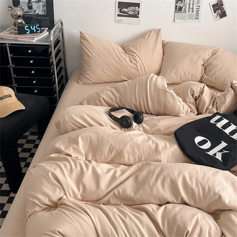 Juego de Ropa de Cama 100% Algodón, Juego de Sábanas de Algodón Lavado de Cuatro Piezas, Juego de Edredón, Funda de Edredón Doble para Parejas