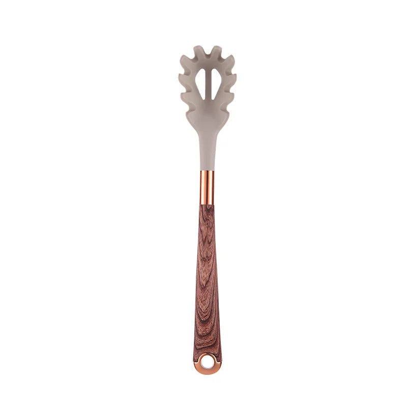 LMETJMA Juego de utensilios de cocina de silicona, 10 Uds., utensilio de cocina con soporte para utensilios, asas de patrón de madera, utensilios de cocina antiadherentes JT264