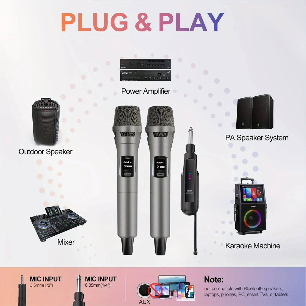 Sistema con micrófono inalámbrico de 2,4 GHz con alcance de 100 pies - 2 micrófonos recargables para Karaoke, fiesta, boda |   Plug & Play, Crystal Clea