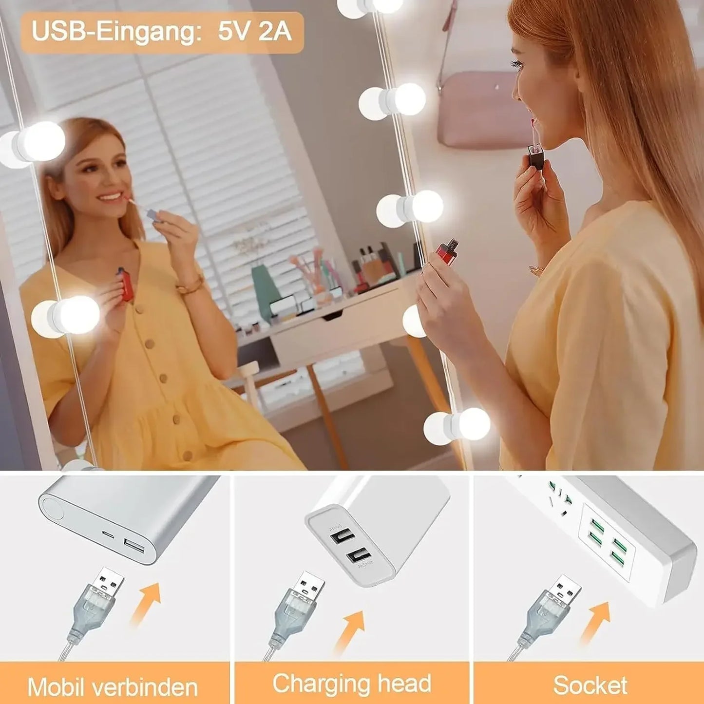 10 bombillas LED desmontables, lámpara para espejo de maquillaje profesional, alimentación USB, luz para espejo cosmético, tocador de Hollywood, luces de tocador