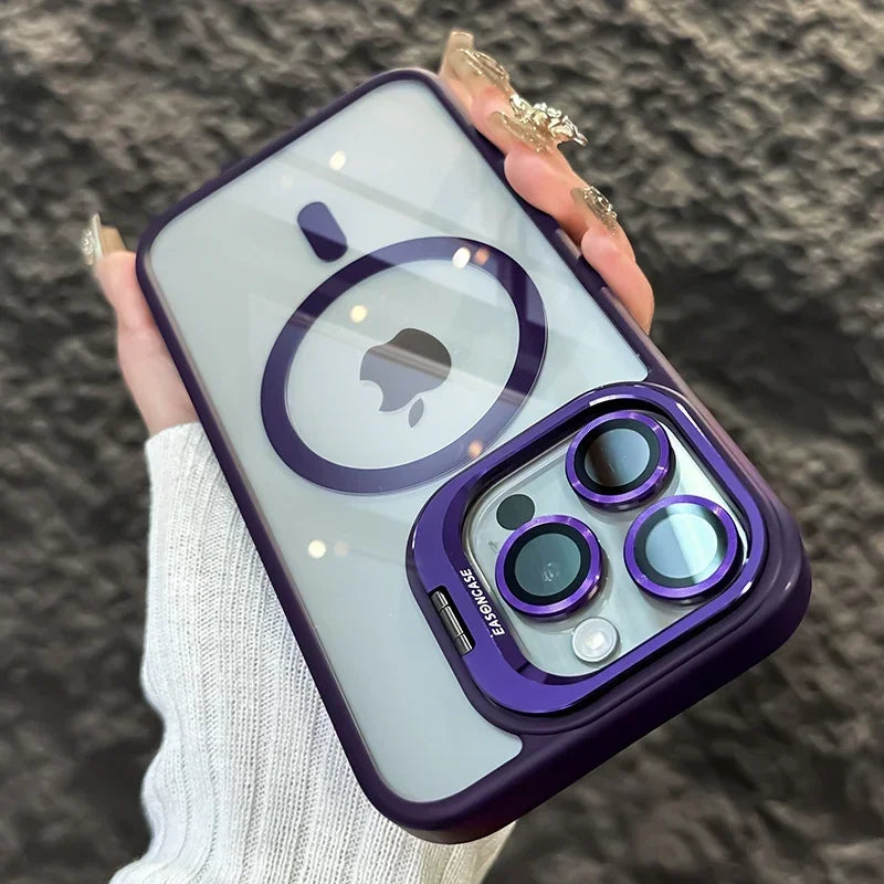 Funda de teléfono magnética de lujo a prueba de golpes para iPhone 16 15 14 13 12 11 Pro Max Plus Pro Funda con soporte de protección de lente de vidrio contraportada