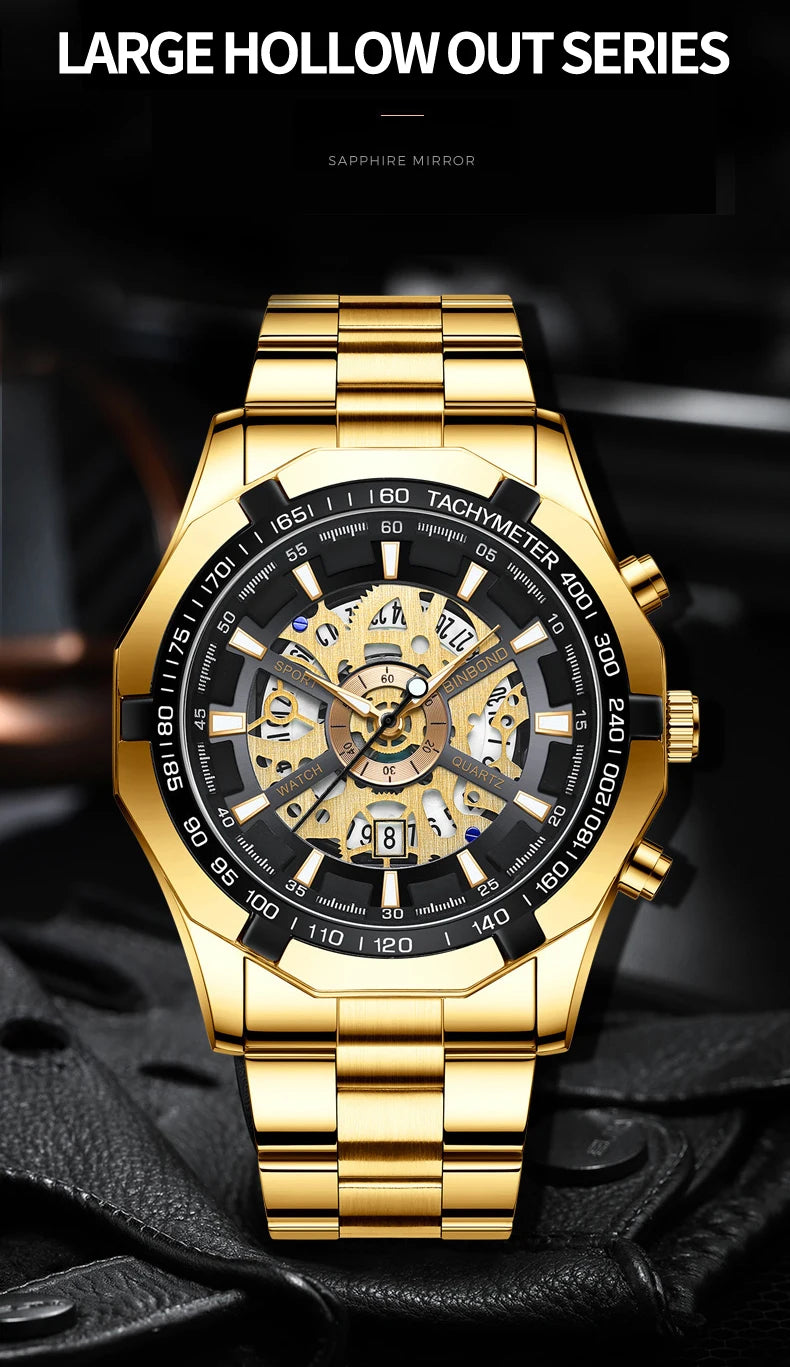 Relojes BINBONG de negocios para Hombre, Reloj de cuarzo luminoso con calendario resistente al agua para Hombre, Reloj de acero inoxidable para Hombre