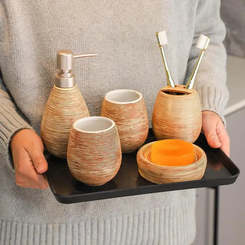 Juego de cerámica para baño, botella dispensadora de champú, jabonera, soportes para cepillos de dientes, taza de enjuague, accesorios de baño