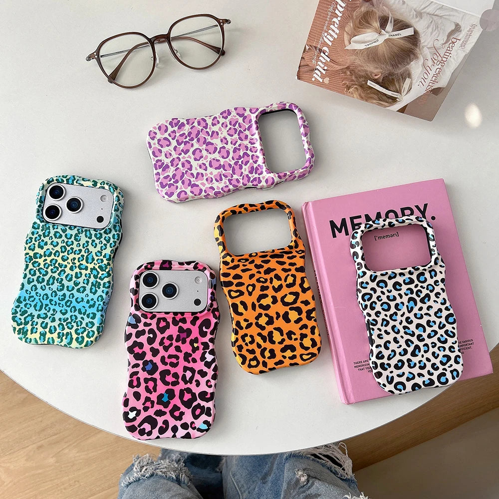 Funda protectora de lujo 2 en 1 con estampado de leopardo degradado a prueba de golpes para IPhone 13 14 15 16 17 Pro Max Wave Edge contraportada