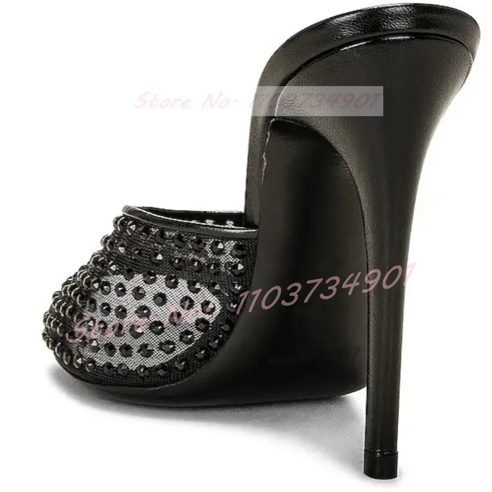 Zapatillas de malla con cristales y punta puntiaguda para exteriores, zapatillas informales a la moda con tacón sin cordones para mujer, zapatillas elegantes de lujo para fiesta