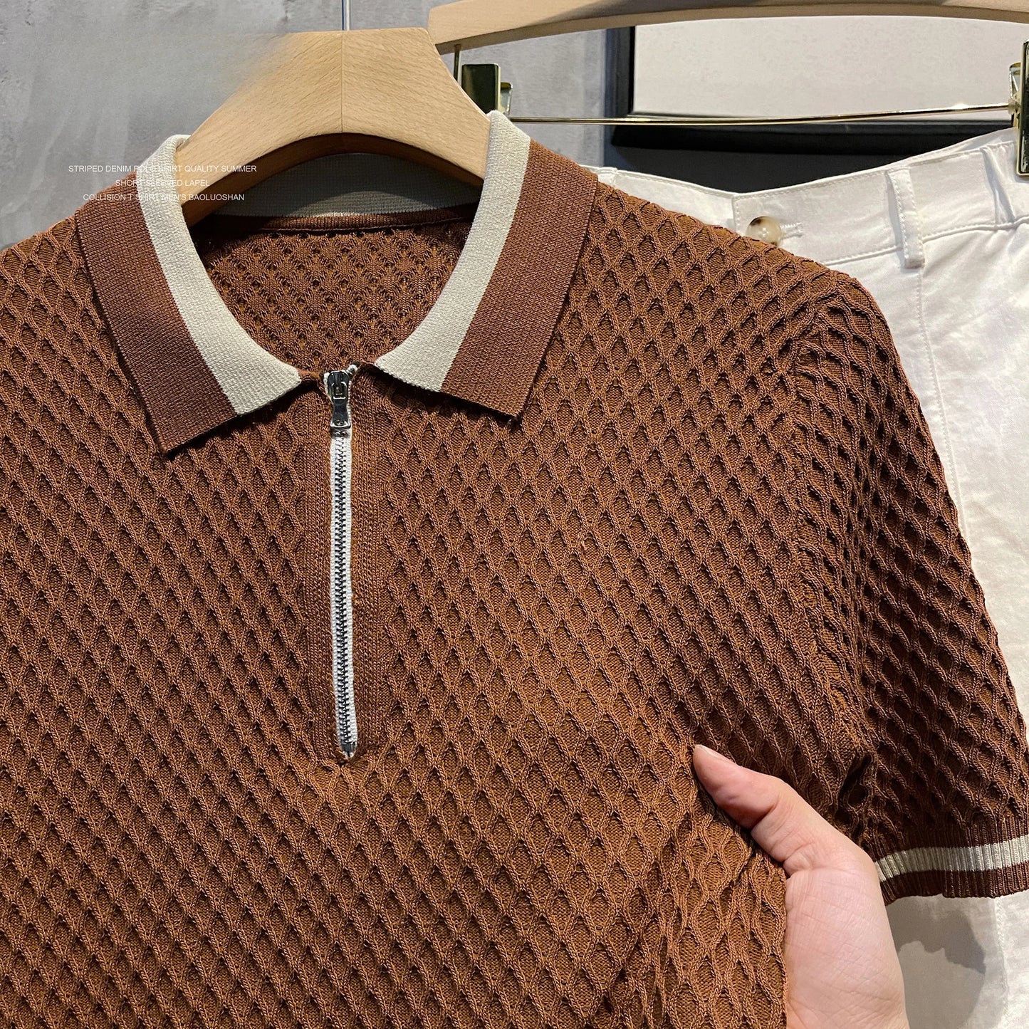 Camisa Polo de Punto Jacquard con Cuello en V para Hombre, Estilo Casual, Color Sólido, Manga Corta, Transpirable, Ropa de Lujo B24, 2026